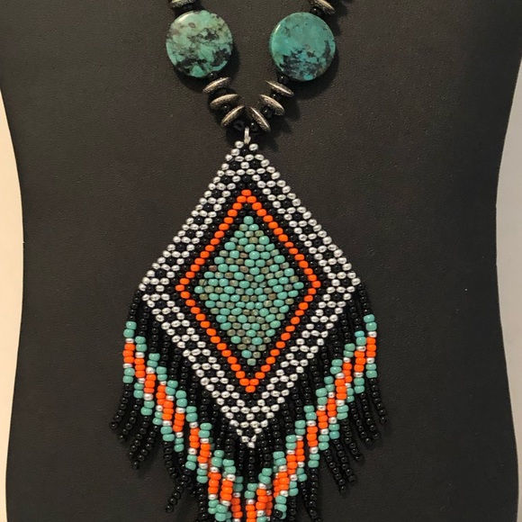 Handmade beadweaving pendant with turquoise stones boho necklace - Picture 2 of 5